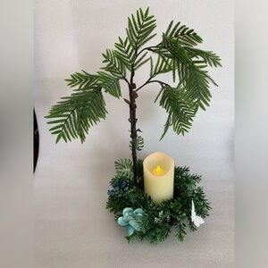 Decorative Candle with Greenery and Faux Tree